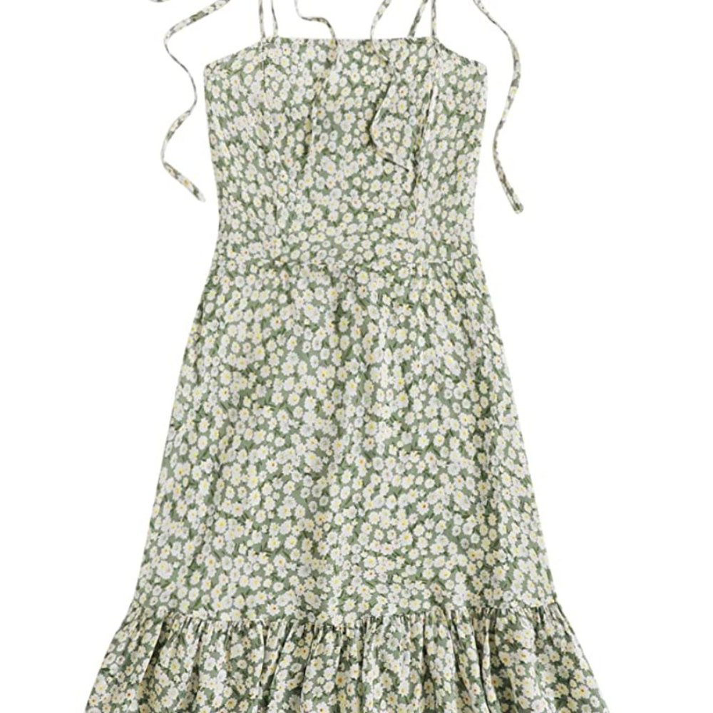 SheIn Women's Summer Sleeveless Floral Ruffle Strappy Beach Swing Dress